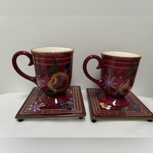 Vintage Capriware Fruit And Floral Hand Painted Mug and trivet set (NWT).